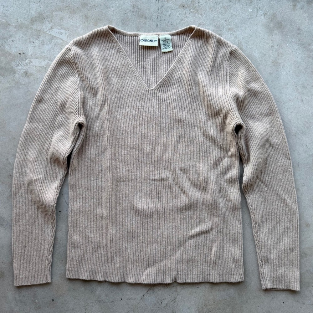 Cherokee Brand Tan Ribbed V-Neck Sweater 100% Cotton Beige Long Sleeve Medium